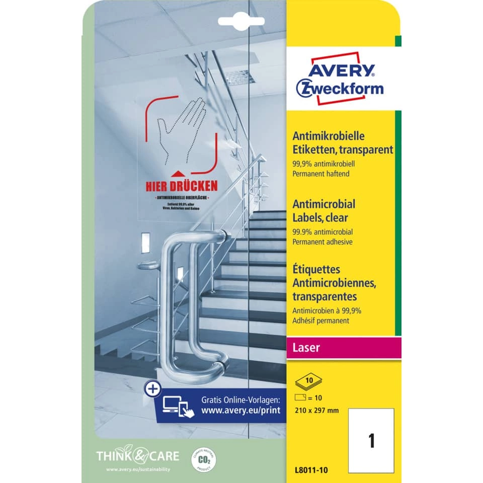 Avery Zweckform L8011-10 Antimikrobielle Etiketten - 210 x 297 mm, permanent, transparent, 10 Stück