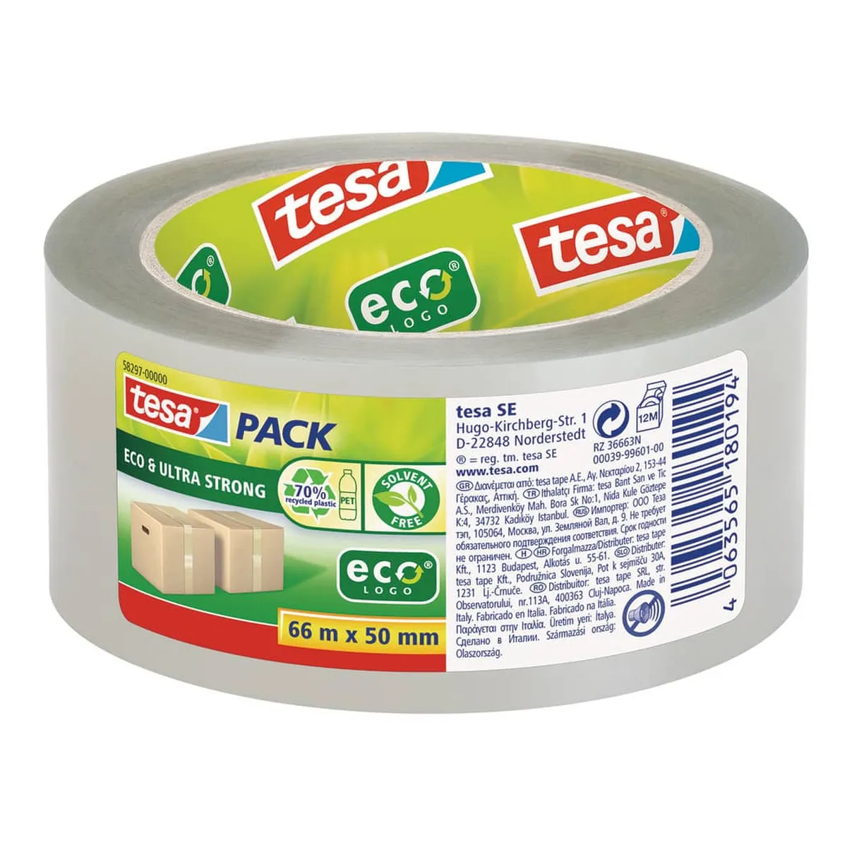 tesa® Packband tesapack® Eco & Ultra Strong ecoLogo® - PET, 50 mm x 66 m, transparent