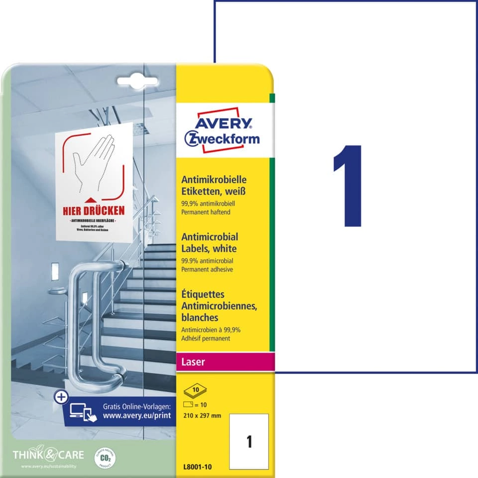 Avery Zweckform L8001-10 Antimikrobielle Etiketten - 210 x 297 mm, permanent, weiß, 10 Stück