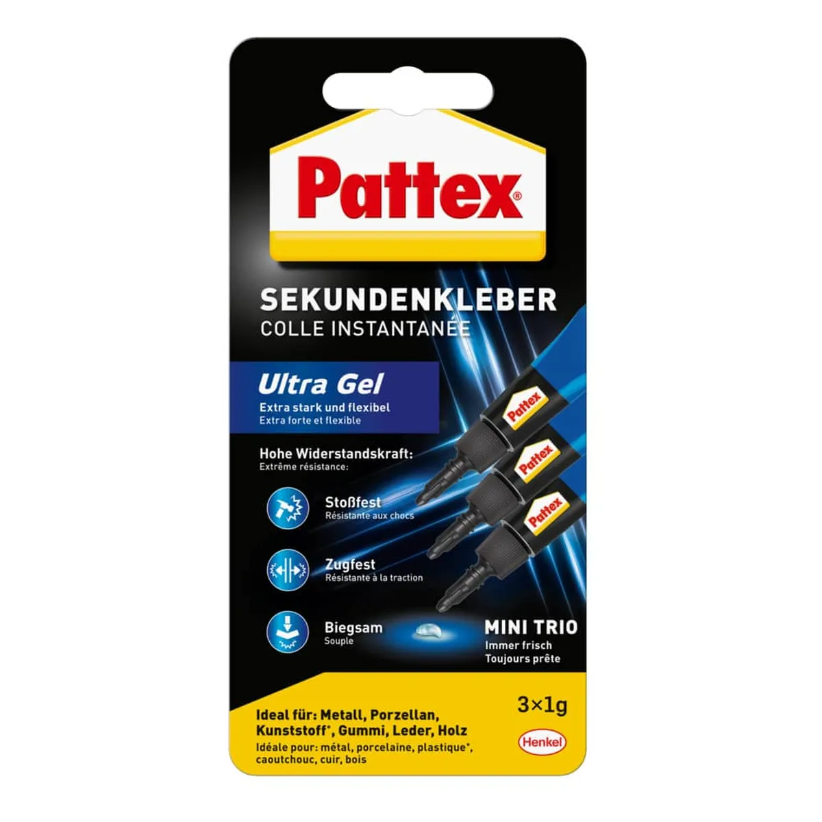 Pattex Sekundenkleber Ultra Gel - 3x1g, extra stark, flexibel