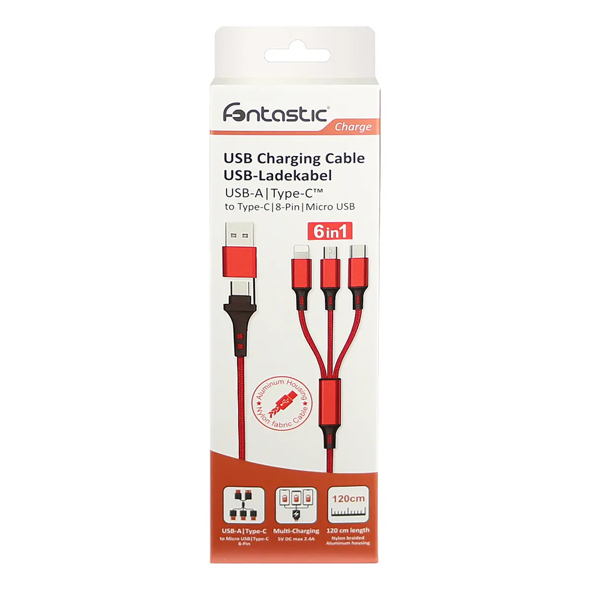 Fontastic 6in1 Ladekabel USB-A/Type-C/8-Pin/Micro USB 1.2m rot