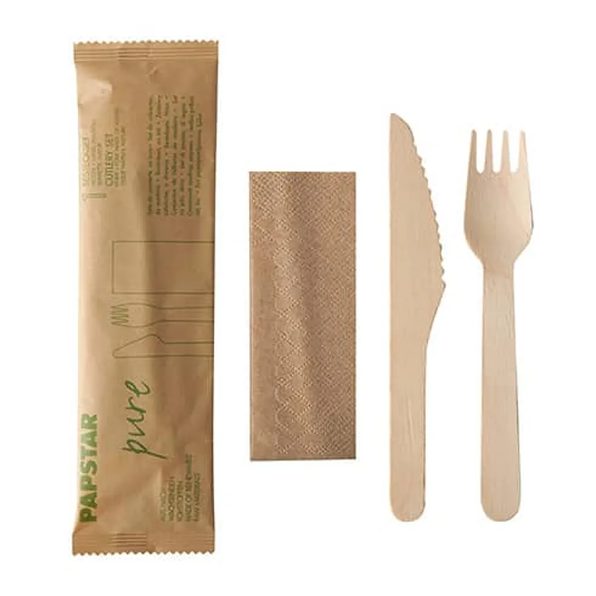 PapStar Besteckset Holz “pure“ - 50 Sets, Messer, Gabel, Serviette in Papierbeutel