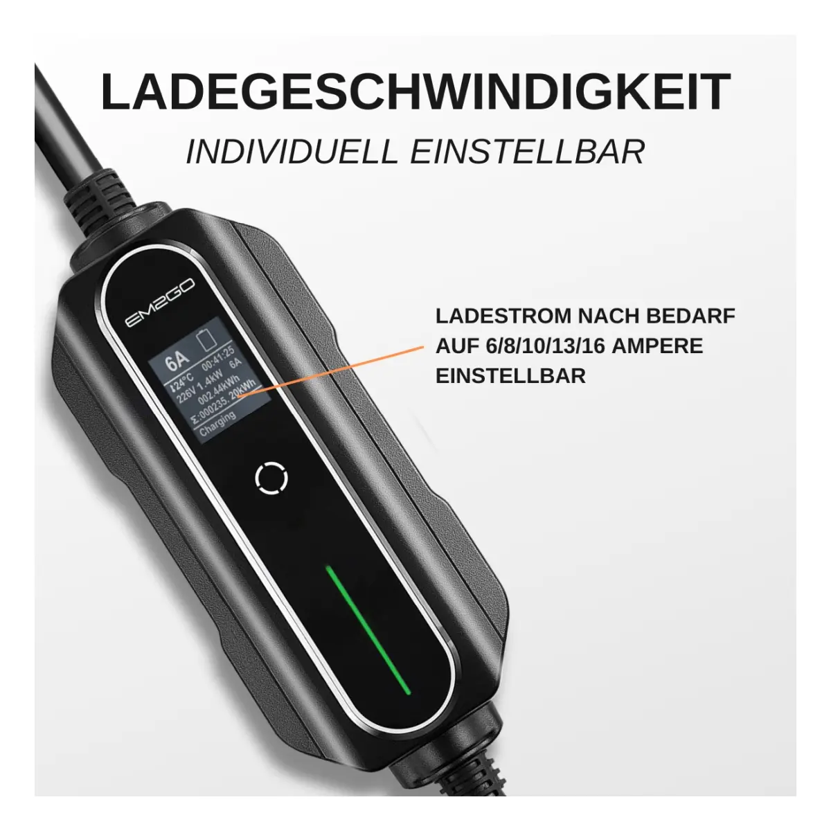 EM2GO AC Portable EV Lader, Ladeleistungszähler, Schuko