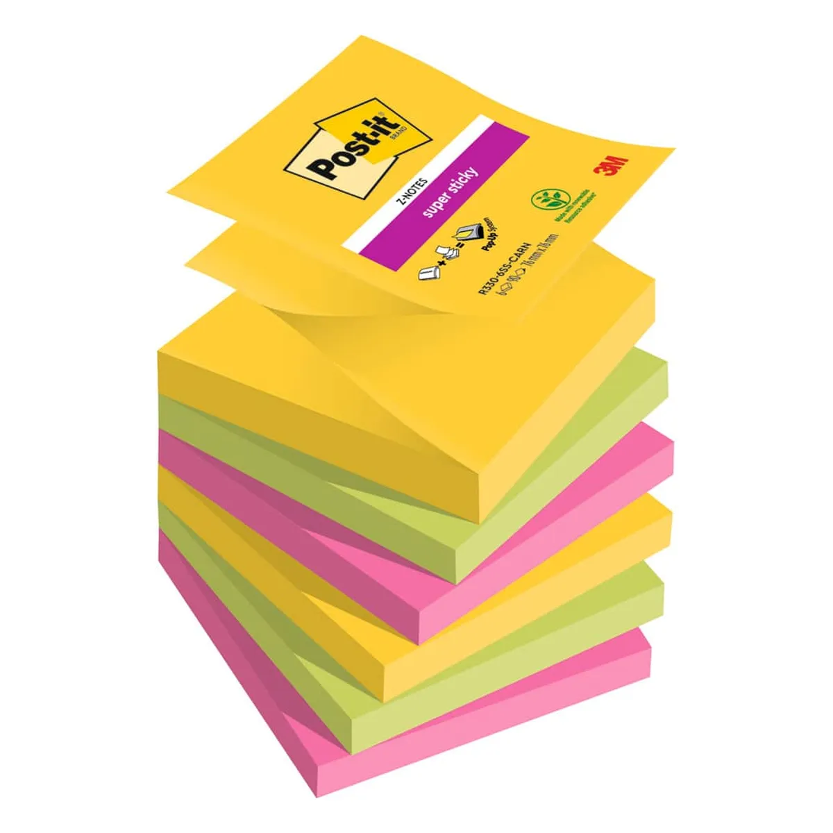 Post-it® SuperSticky Haftnotizblock Z-Notes Carnival - 76 x 76 mm, 6x 90 Blatt, sortiert