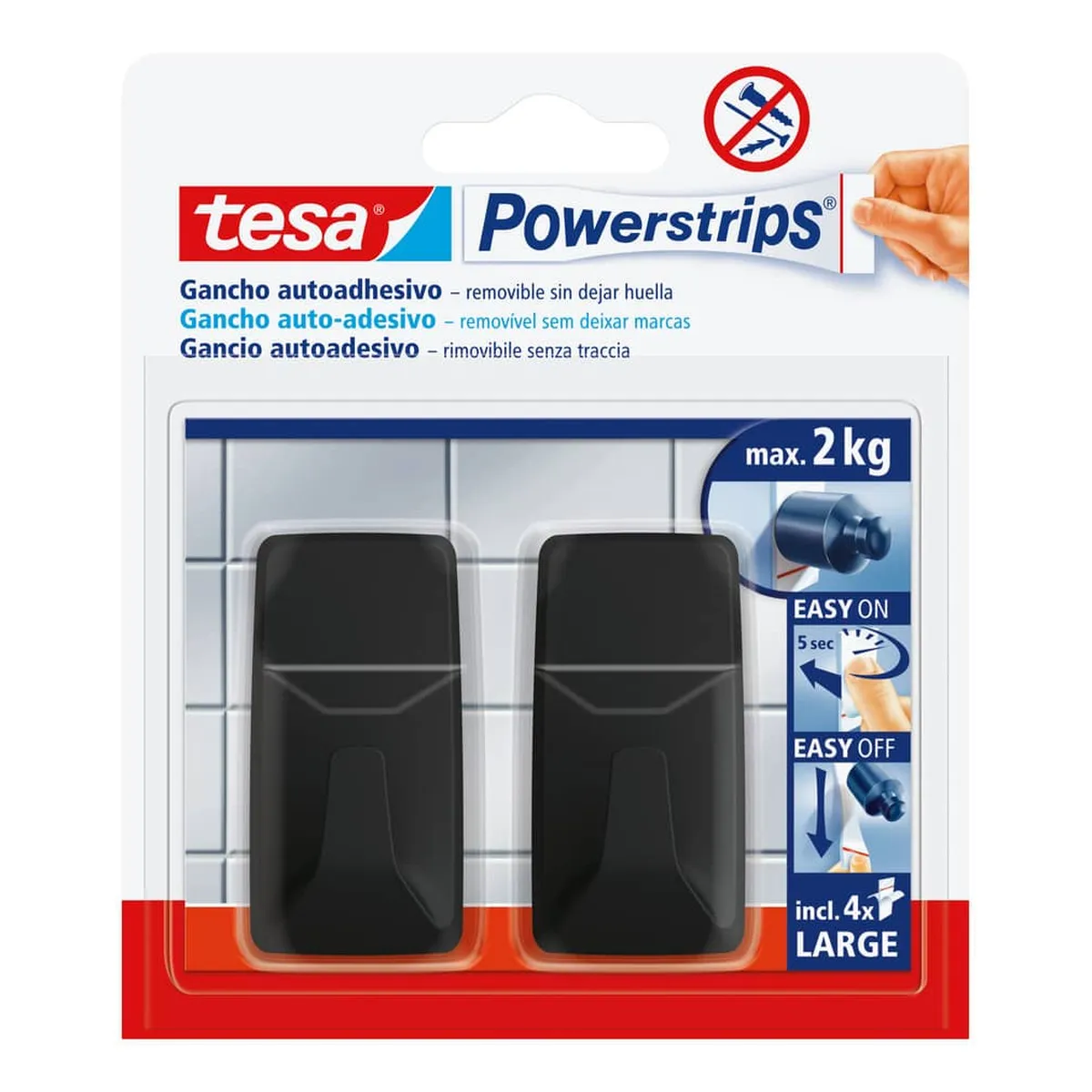 tesa® Powerstrips® Systemhaken - ablösbar, L Eckig schwarz Large 2kg