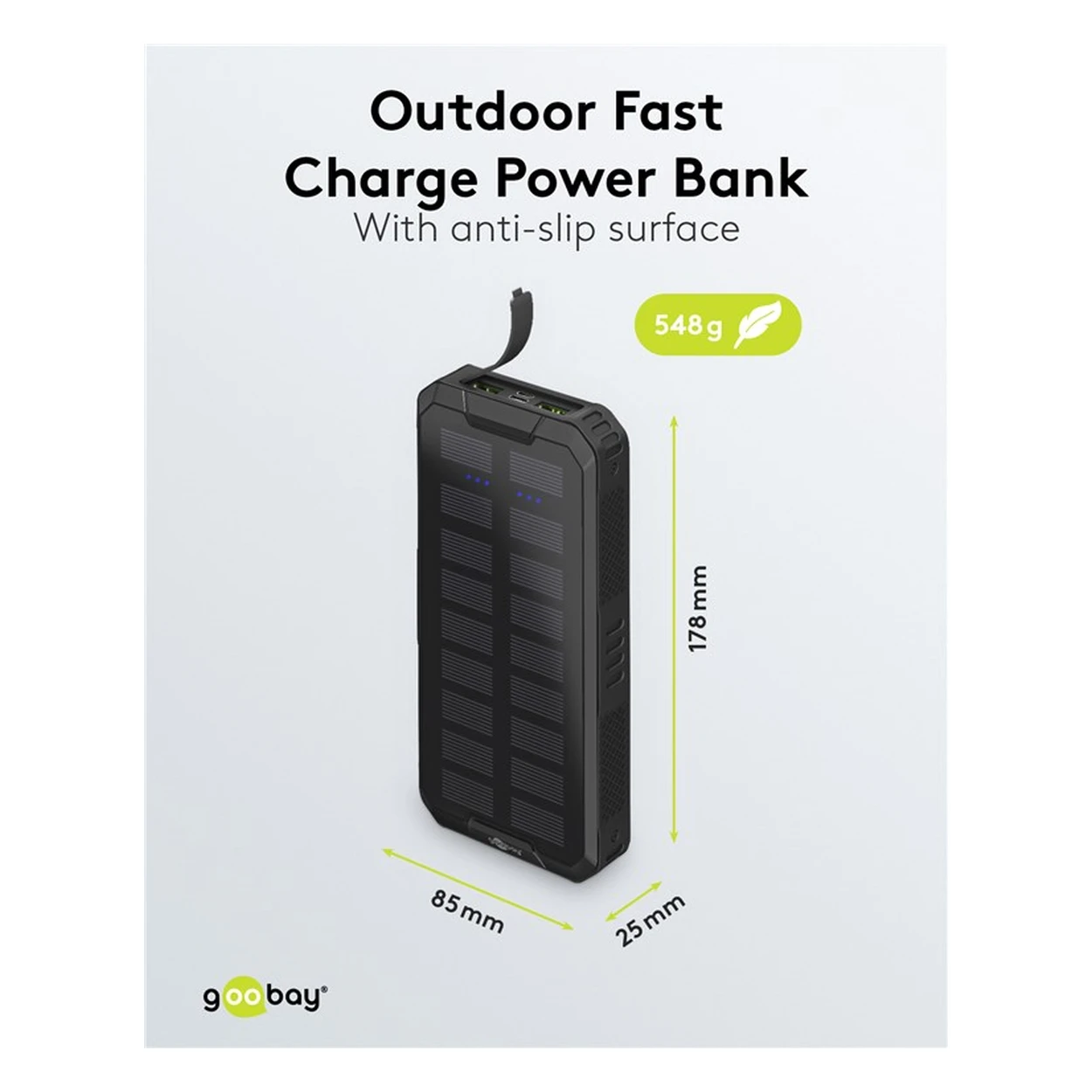 Goobay Outdoor Schnelllade-Powerbank mit Solar 20.000 mAh (USB-C™ PD, QC 3.0)