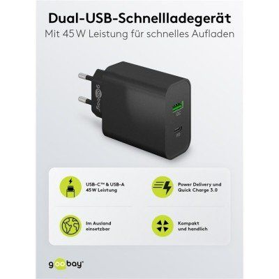 Dual-USB-Schnellladegerät PD/QC (45 W) schwarz