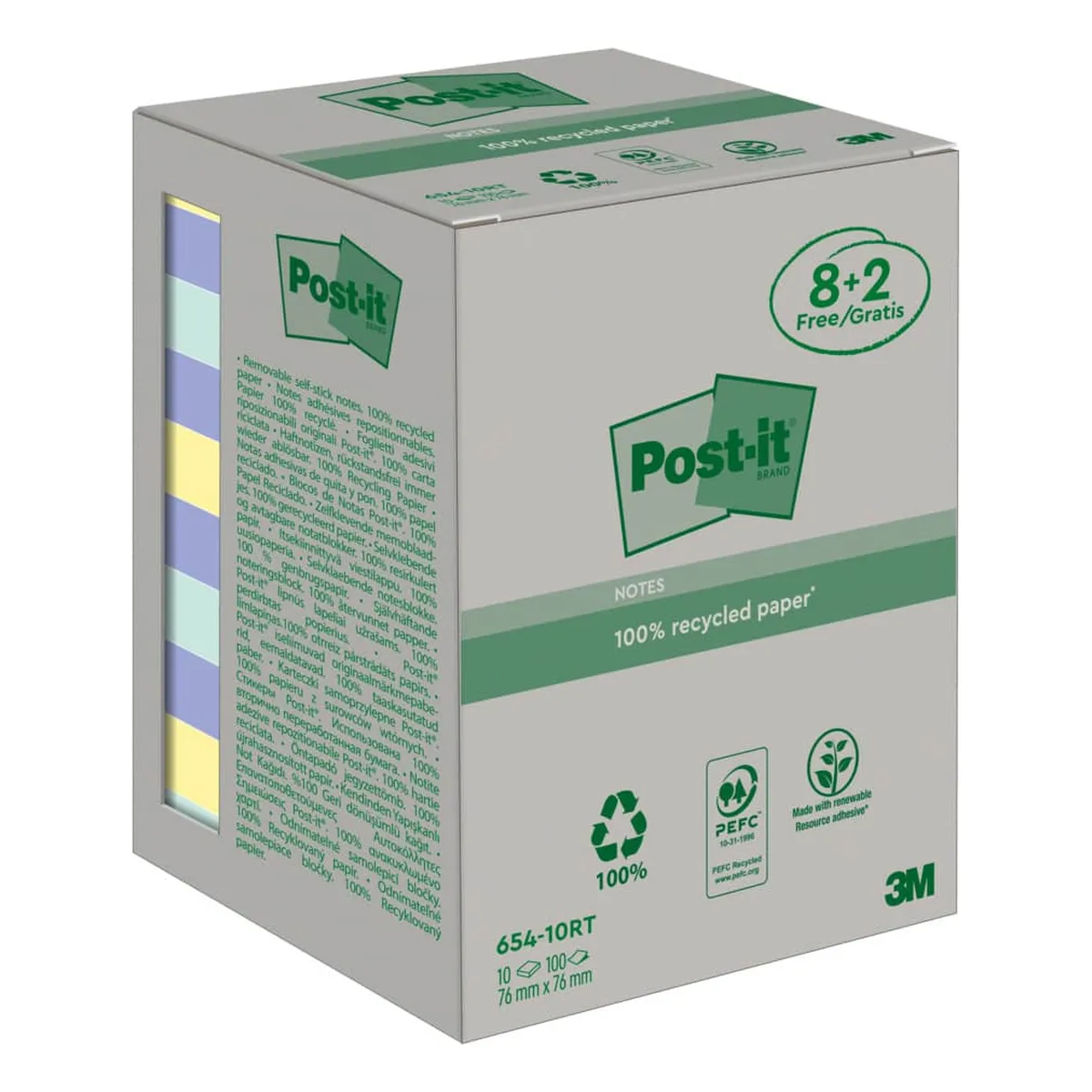 Post-it® Haftnotizblock Recycling Notes - 76 x 76 mm, sortiert, 10 x 100 Blatt