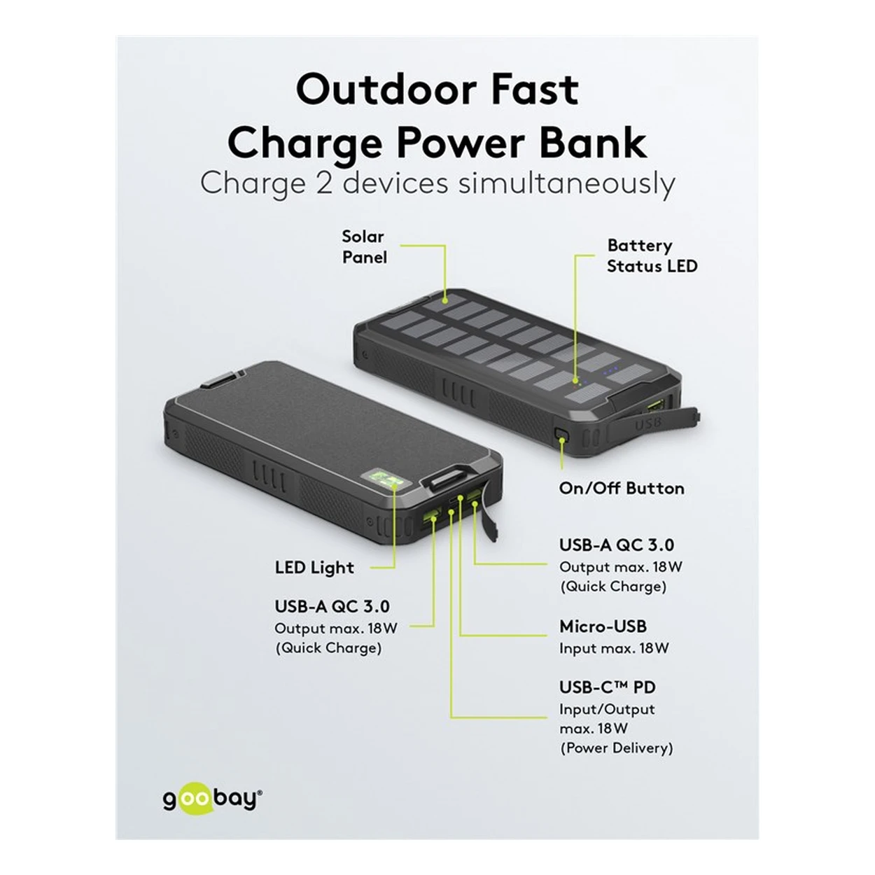 Goobay Outdoor Schnelllade-Powerbank mit Solar 20.000 mAh (USB-C™ PD, QC 3.0)