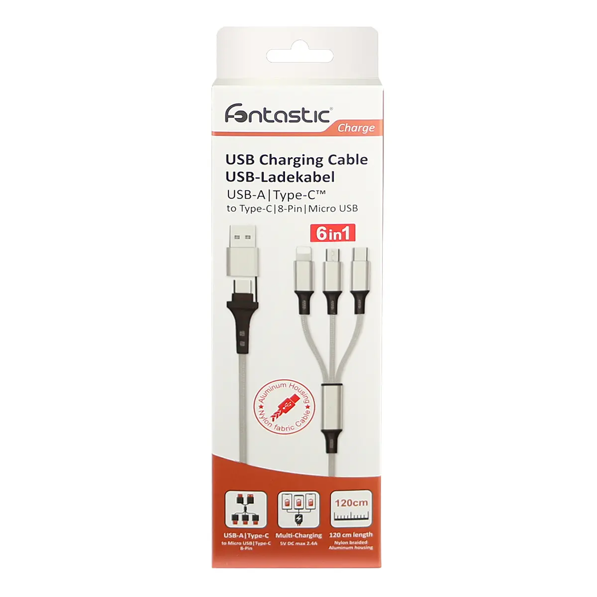 Fontastic 6in1 Ladekabel USB-A/Type-C/8-Pin/Micro USB 1.2m silber