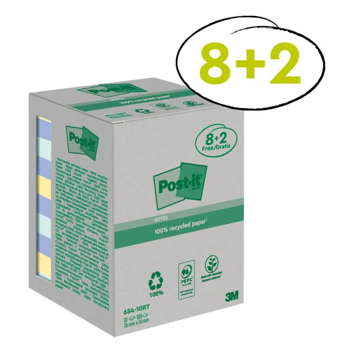 Post-it® Haftnotizblock Recycling Notes - 76 x 76 mm, sortiert, 10 x 100 Blatt