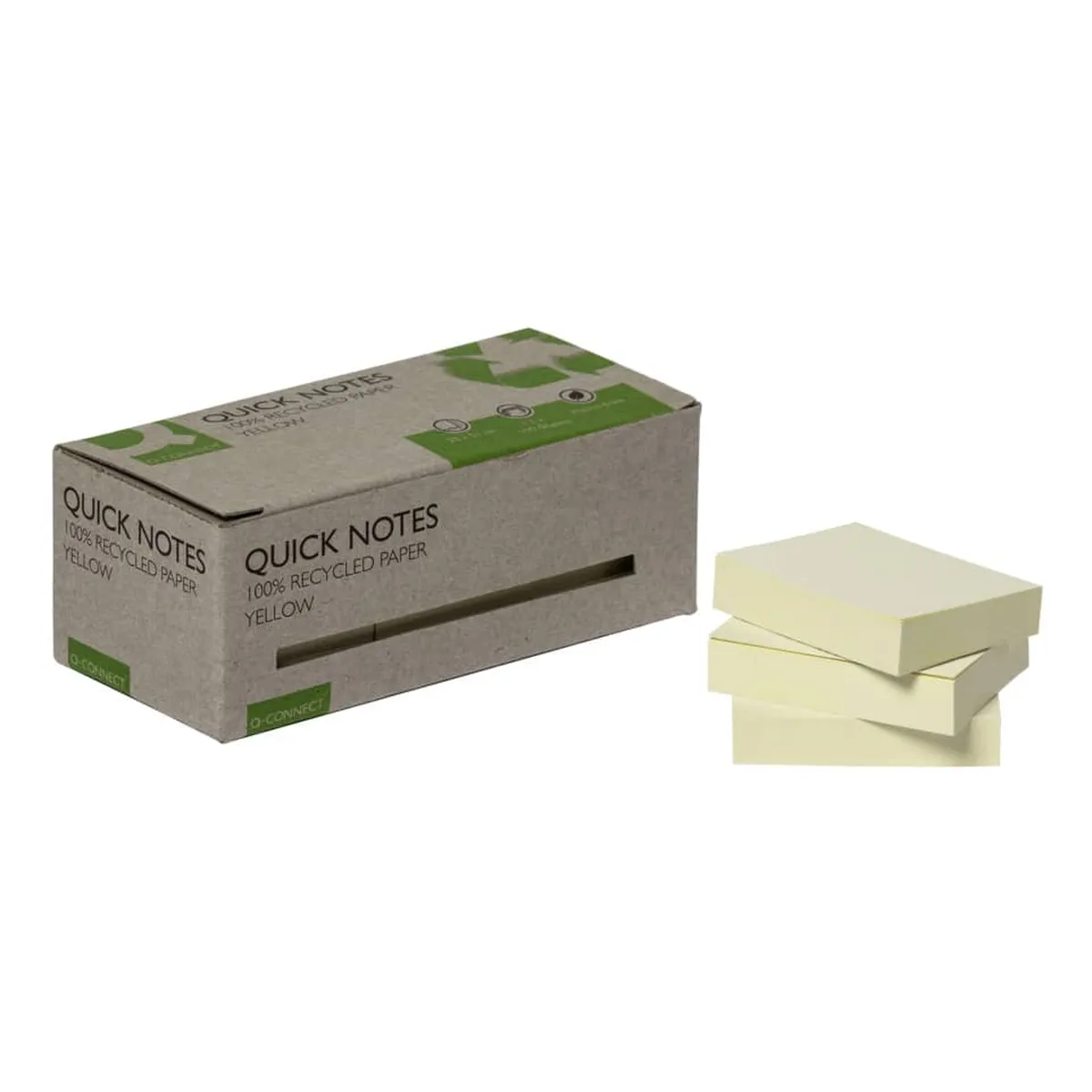 Q-Connect® Haftnotizblock Recycling - gelb, 38 x 51 mm, 100 Blatt, 12er Box