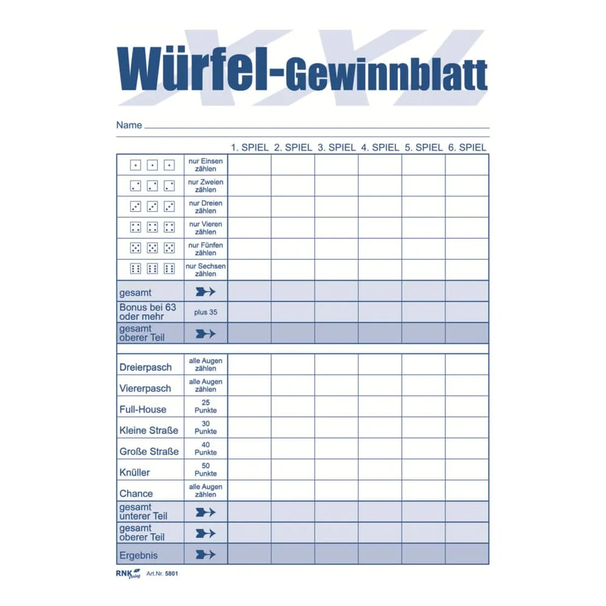 RNK Verlag Würfelspiel-Gewinnblatt XXL - Block, DIN A5, 2 x 85 Blatt