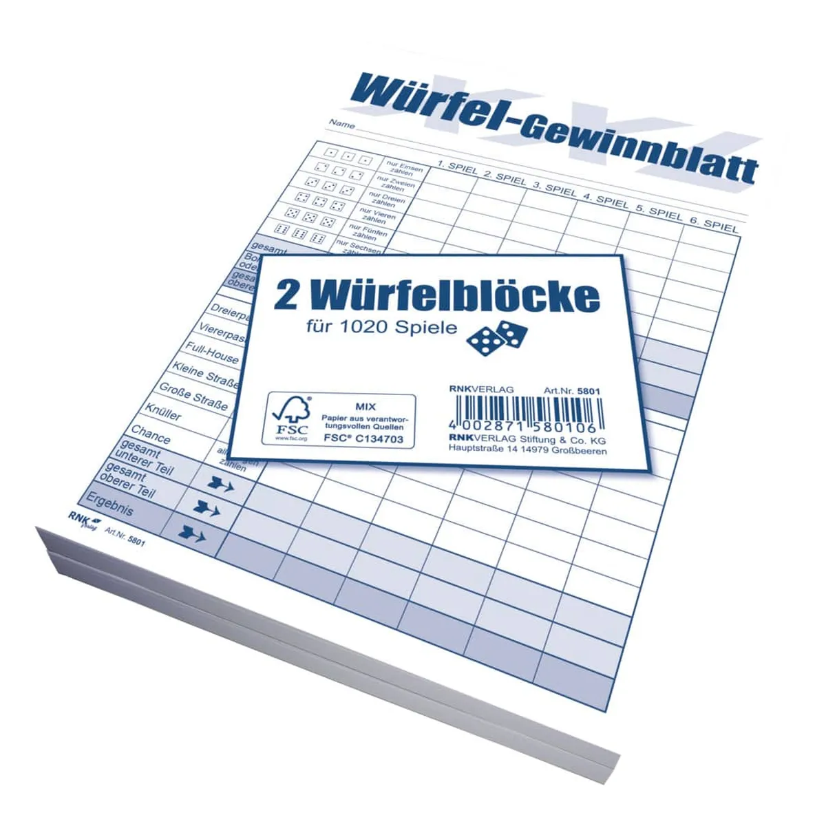 RNK Verlag Würfelspiel-Gewinnblatt XXL - Block, DIN A5, 2 x 85 Blatt