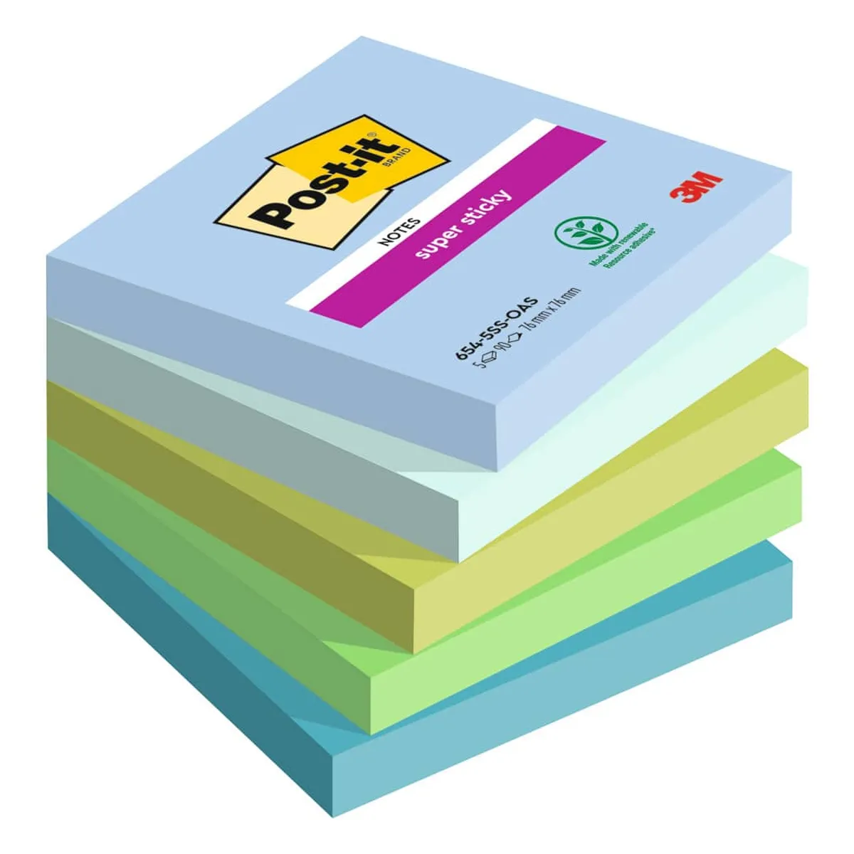 Post-it® SuperSticky Haftnotizblock Super Sticky Notes Oasis Collection - 76 x 76 mm, sortiert 5x 90 Blatt