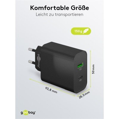 Dual-USB-Schnellladegerät PD/QC (45 W) schwarz