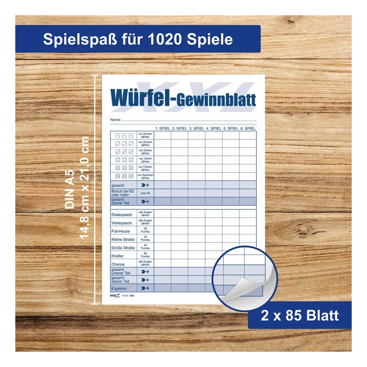 RNK Verlag Würfelspiel-Gewinnblatt XXL - Block, DIN A5, 2 x 85 Blatt