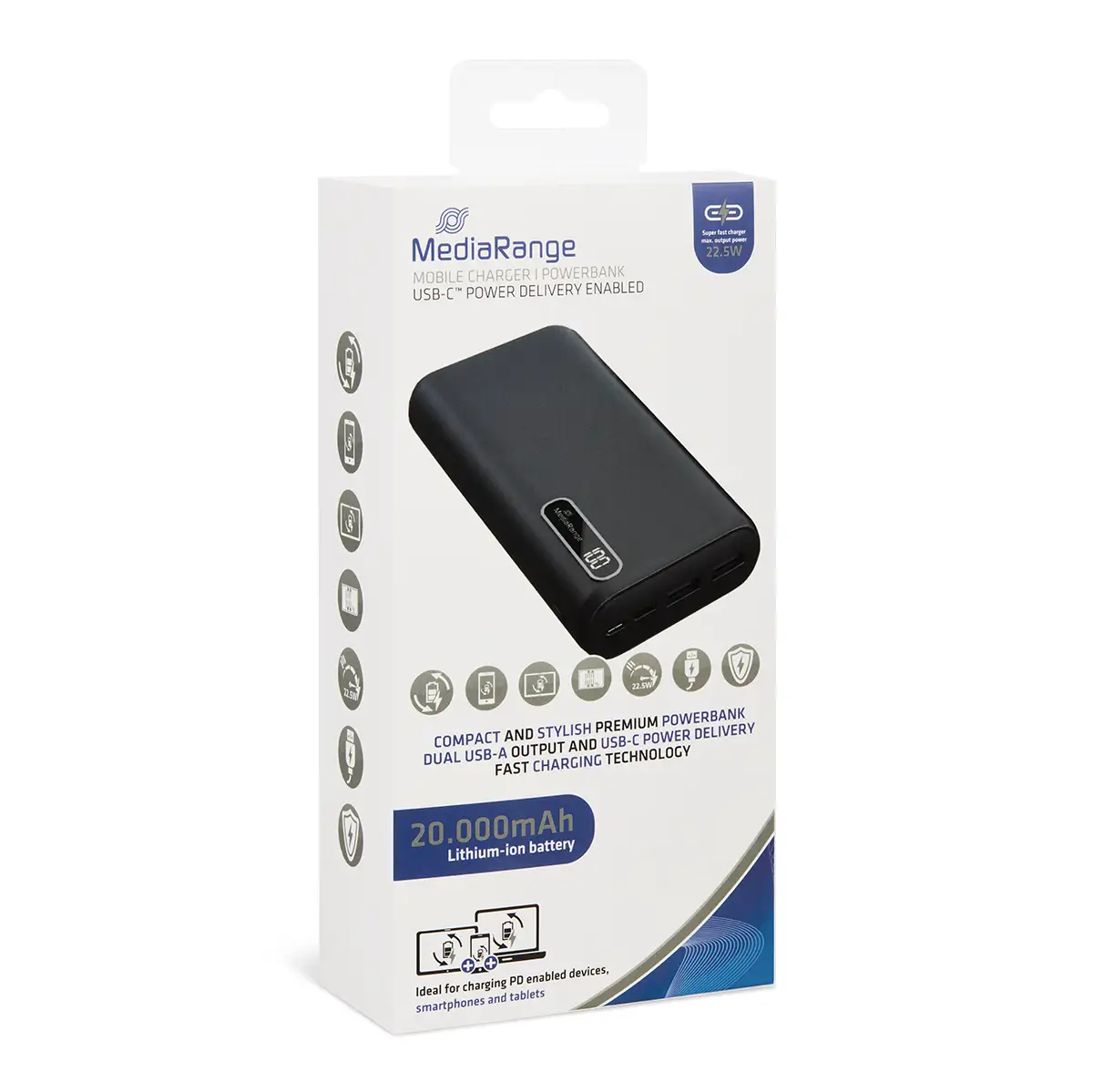 MediaRange Mobiles Ladegerät I Powerbank 20.000mAh mit LCD-Batterieanzeige