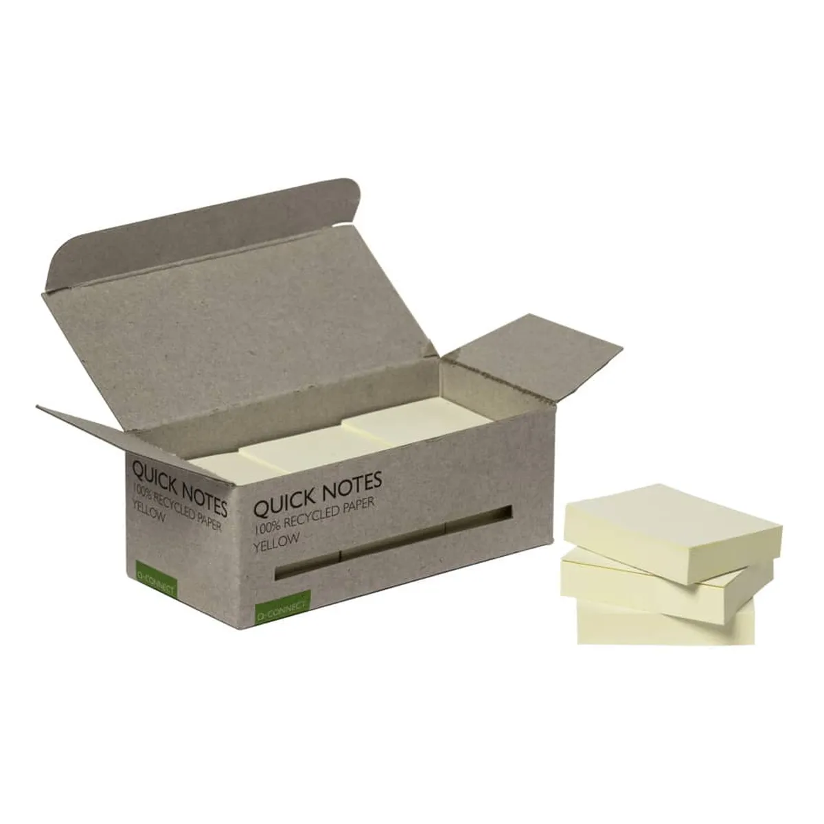 Q-Connect® Haftnotizblock Recycling - gelb, 38 x 51 mm, 100 Blatt, 12er Box