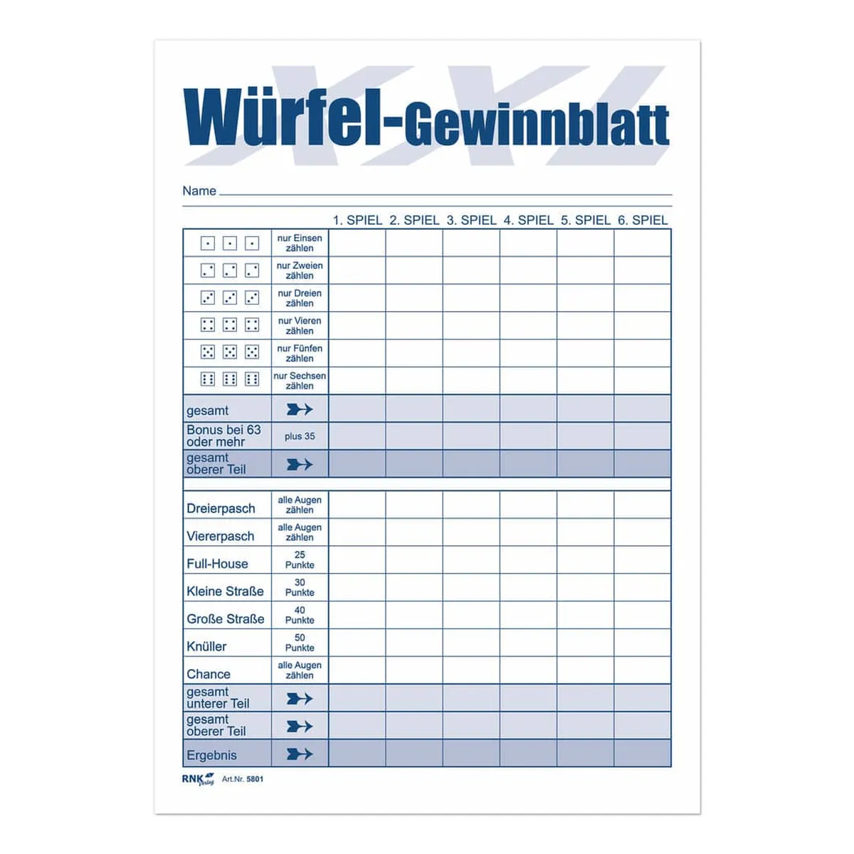 RNK Verlag Würfelspiel-Gewinnblatt XXL - Block, DIN A5, 2 x 85 Blatt